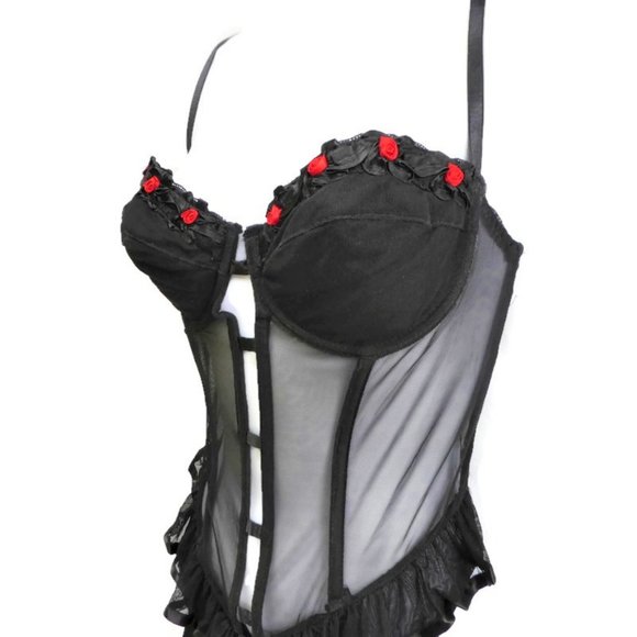 Vintage 90s Victoria's Secret Lingerie Teddy Underwire Black Garter Rosettes 34C - Picture 3 of 8